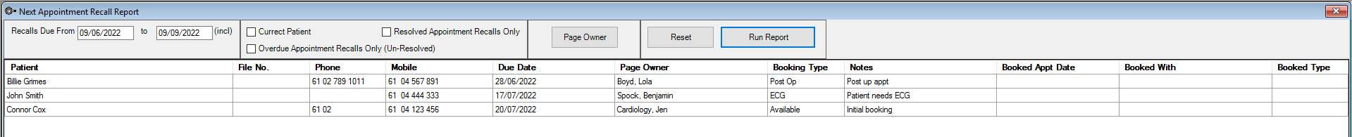 Next Appointment Recall Report